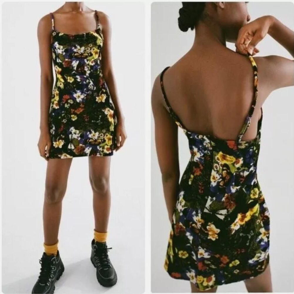Black Multicolor Floral Velvet Mallory Cowl Neck Mini Slip Dress